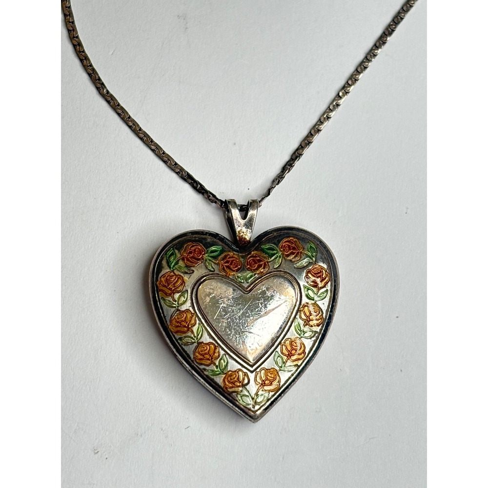 Vintage PPC Sterling Silver Enamel Rose Heart Locket Necklace 25" Italy Chain